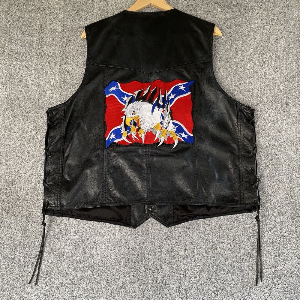 Vtg Phase 2 Men's Motorcycle Vest Black 100% Leather Back Patch Tassel Size 46 R